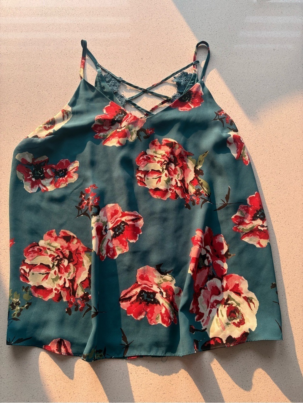 Kismet - Floral Satin Cami Top in Teal and Red Ladies XL